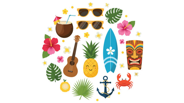 Circular arrangement of tropical summer icons including a surfboard ukulele pineapple hibiscus flowers and a tiki mask.