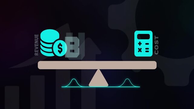  Strategic budget planning illustration with revenue and cost icons balanced on a scale for financial control.