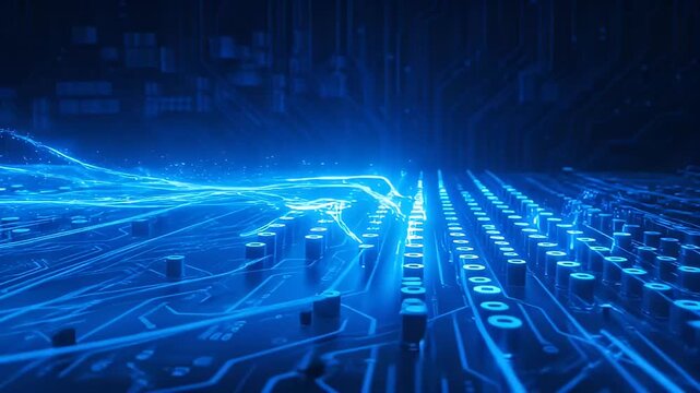 Abstract futuristic microchip technology glowing with blue lines and circuit patterns