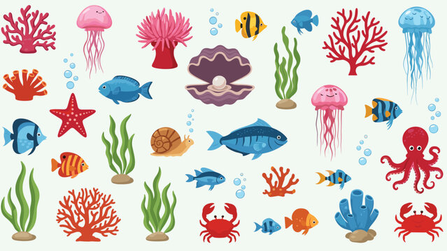 Colorful underwater scene featuring a variety of sea life including jellyfish tropical fish an octopus and coral reef elements.