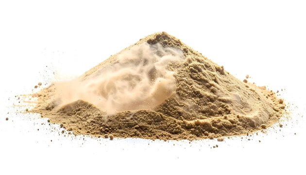 A close-up shot of a beige-colored pile of powder. Some of the powder is blowing off to the left against a white background