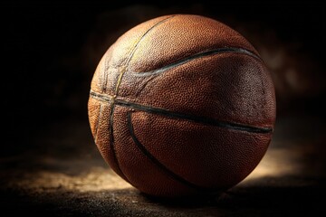 Obraz premium Basketball resting on a textured floor illuminated by soft overhead light, showcasing the surface details and contours of the ball in a dimly lit setting