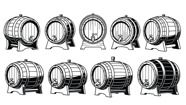 Row of classic wooden barrels with taps for wine or beer storage displayed in different perspective views and line art styles.