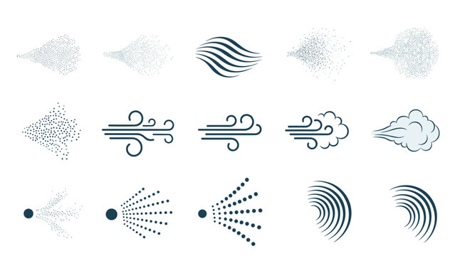 Compilation of various graphic icons representing spray mist, wind gusts, and air movement effects for weather or cleaning product designs.