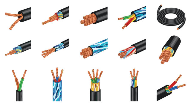 Various types of electrical power cables and wires showing cross-sections of copper conductors and colorful insulation layers.