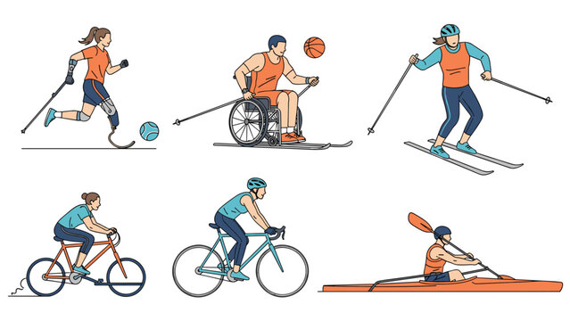 Group of parathletes participating in various sports like basketball, skiing, cycling, rowing, and soccer using specialized equipment.
