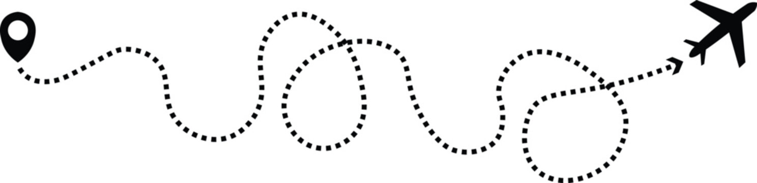 Airplane flight path, dotted line route with map pointer, travel destination symbols, and aviation tracks. Flat and modern travel design.