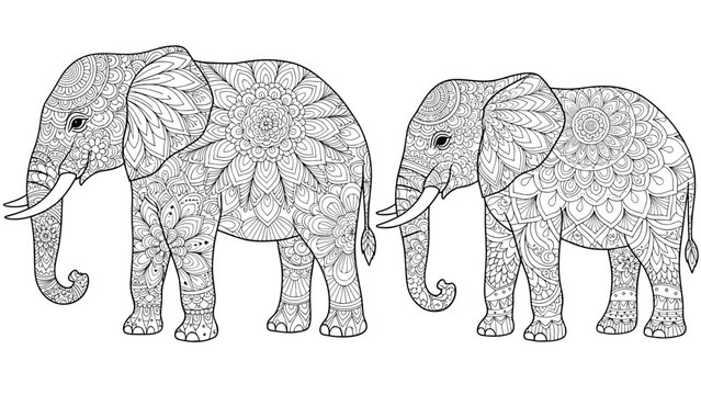 Two majestic elephants adorned with intricate mandala and floral patterns for relaxation and adult coloring book activities.