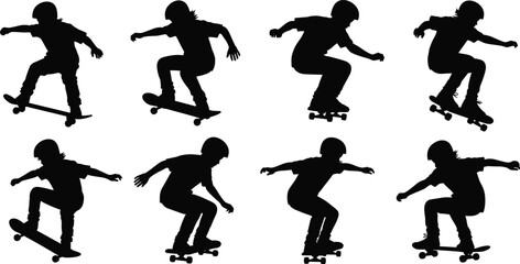 Skateboarder silhouettes collection performing skateboard tricks and jumps in skate park isolated on white background extreme sport action set © mokbul