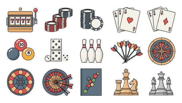 Comprehensive collection of gambling and board game icons featuring slot machines, cards, dice, darts, chess, and roulette wheels.