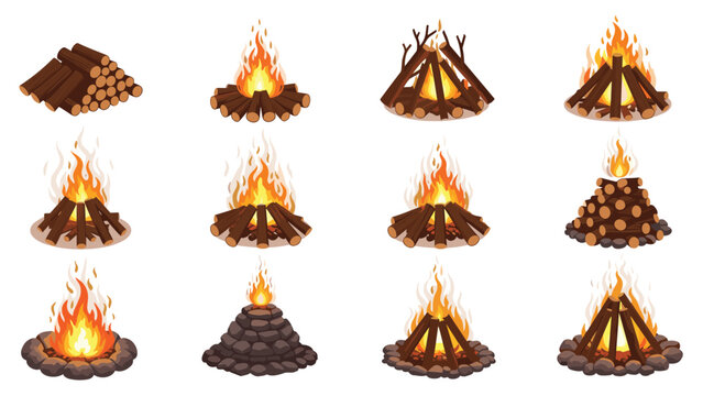 Different types of campfires and bonfires made from wooden logs and stones shown in various stages of burning with bright flames.
