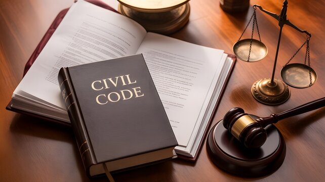 Civil Code Law Book With Judge Gavel and Justice Scales on Wooden Desk, Legal System Framework, Legislation Reference for Lawyers, Court Justice, Governance and Legal Practice