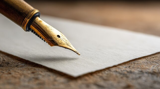 Gold quill pen poised above thick textured paper