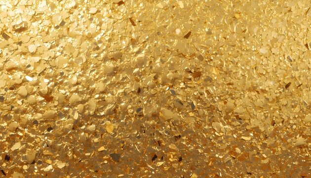 A close-up view of a textured gold surface with small flecks of light reflecting off its uneven terrain.