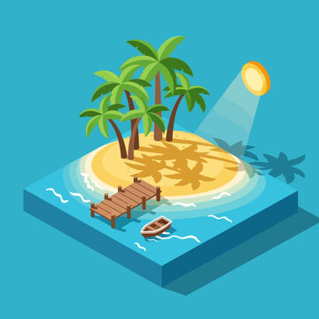 Isometric illustration of a tropical island with palm trees, a pier, and a boat.