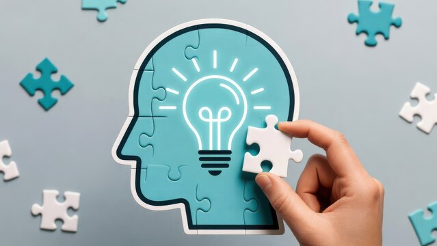 Creative human hand holding glowing lightbulb brain with puzzle pieces innovation concept idea problem solving strategy