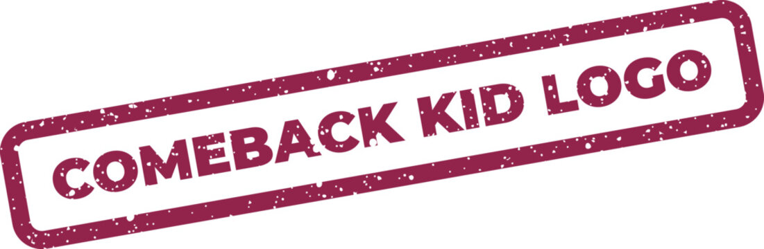 Rectangular distressed rubber stamp featuring bold text COMEBACK KID LOGO with a vintage grunge texture