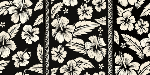 Elegant black and cream floral pattern with hibiscus and linear designs © Nasir