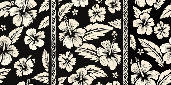 Elegant black and cream floral pattern with hibiscus and linear designs