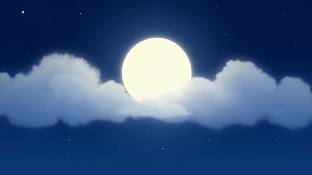 Dreamy night scene with a full moon behind fluffy clouds artwork