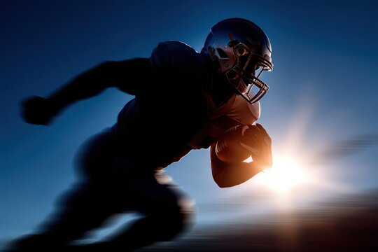 Silhouette of a male American football player running with a ball against a dramatic sunset background, showcasing athleticism and motion in a dynamic pose
