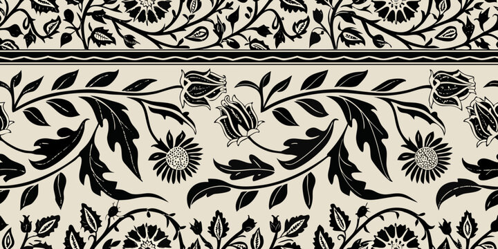 Intricate black floral pattern on a cream colored background