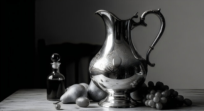 Classic still life with elegant silver pitcher, pears, grapes, and decanter
