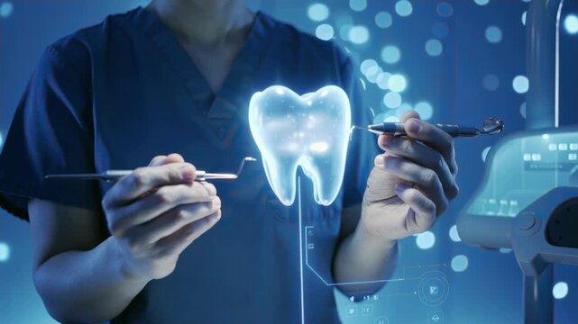 Orthodontist using tools with glowing 3D tooth hologram in futuristic dental clinic, concept for advanced digital dentistry, innovative stomatology and modern healthcare technology