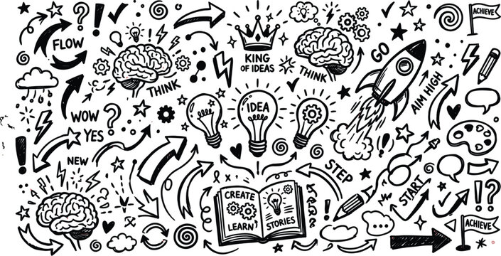 Inspirational doodle collage with educational and creative symbols