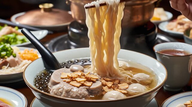 Close-Up of Delicious Asian Noodle Soup With Meatballs and Boba Pearls Being Eaten With Chopsticks