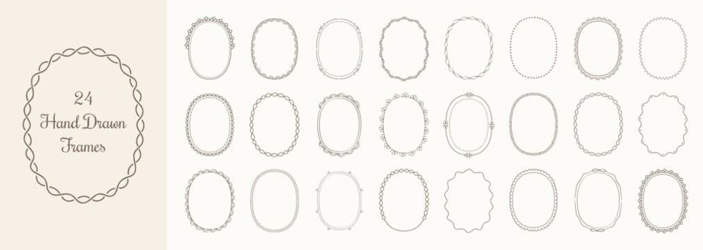 Set of 24 hand drawn decorative oval frames and borders in vintage style