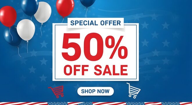 A sale advertisement with balloons and a shopping cart