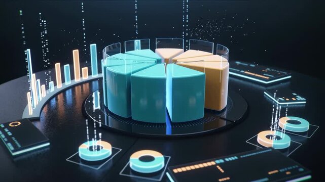 3D futuristic isometric pie chart and financial graphs glowing on a dark digital interface, concept for business analytics, market data visualization and investment portfolio management