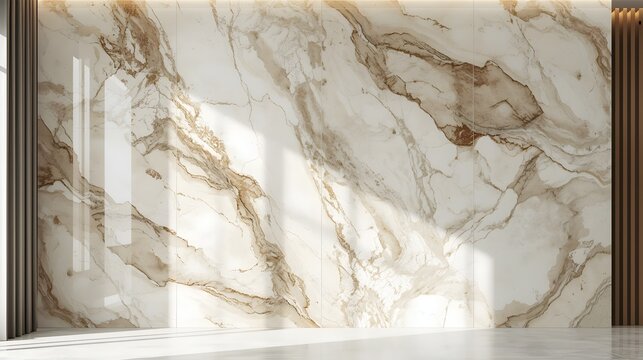 Luxury interior featuring polished dolomite marble wall with warm beige veins and natural sunlight in a minimalist modern room