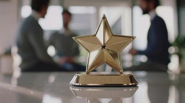 Shiny gold star trophy standing on white desk with blurred executive managers sitting in background office, concept for employee recognition, leadership excellence and business success