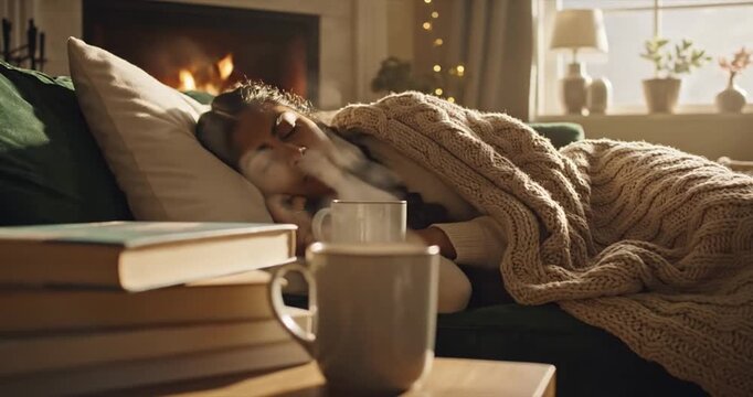 Woman relaxing on couch with coffee.