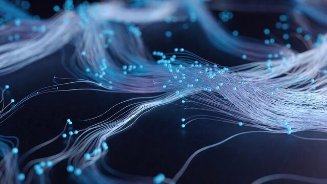 Abstract depiction of flowing lines and glowing dots on a dark surface creating a sense of movement and technology