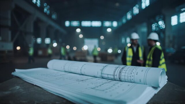 Blueprints and technical drawings on foreground with blurred civil engineers in industrial factory background, concept for construction management, project planning and architectural design