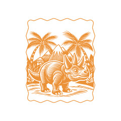 A vintage-style orange illustration of a triceratops dinosaur in a prehistoric landscape with palm trees and mountains. © davis