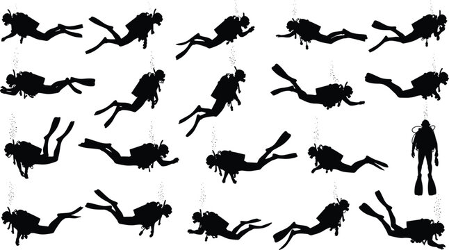 Scuba diver silhouette set with underwater swimming poses, snorkeler icons, deep sea diving silhouettes, aquatic sports vector, and ocean exploration elements.