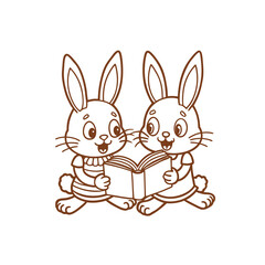 Fototapeta premium Two cute cartoon bunnies happily reading a book together, depicted in a simple brown outline drawing on a white background.
