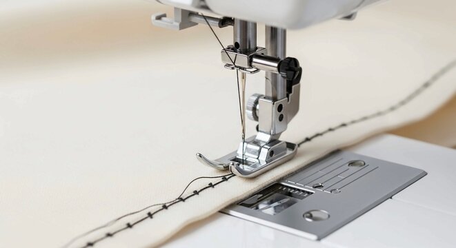 a sewing machine needle stitching beige cloth,Close-up of a modern white sewing machine stitching a straight seam on cream-colored fabric with a focus on the needle and presser foot.