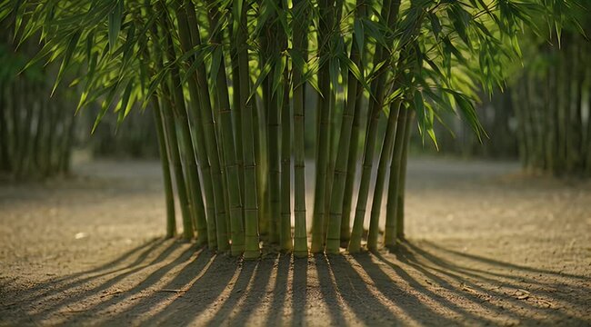 Vibrant green bamboo stalks bathed in sunlight, casting long, dramatic shadows on earthy ground