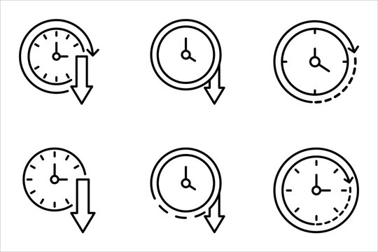 less time icon set, Simple outline style, countdown clock watch timer shows decrease in turn around time concept. Thin line symbol. Isolated design on a white background
