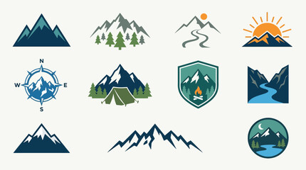 Naklejka premium Collection of stylized mountain landscape icons and symbols, including camping, compass, and sunrise elements.