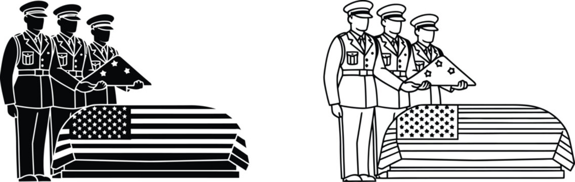 Military funeral honors ceremony with american flag draped caskets Vector