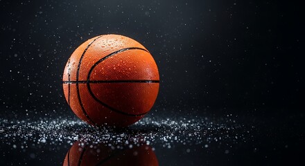 Fototapeta premium Basketball in Water - Orange Ball with Water Droplets, Dark Background, Reflection.