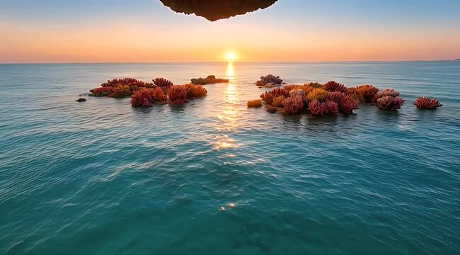 Vibrant sunset through a cave arch, colorful marine formations, golden path on the ocean