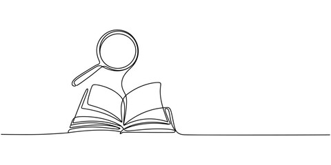 Continuous line drawing of book and magnifying glass, vector illustration, one line, Continuous one line drawing of book and magnifying glass, Vector of searching and education learning, positioned. © Creative Tania