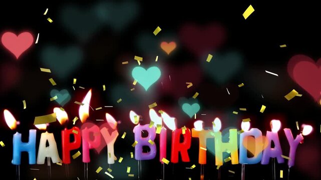 Colorful happy birthday banner with lit candles hearts and confetti on dark background for celebrations